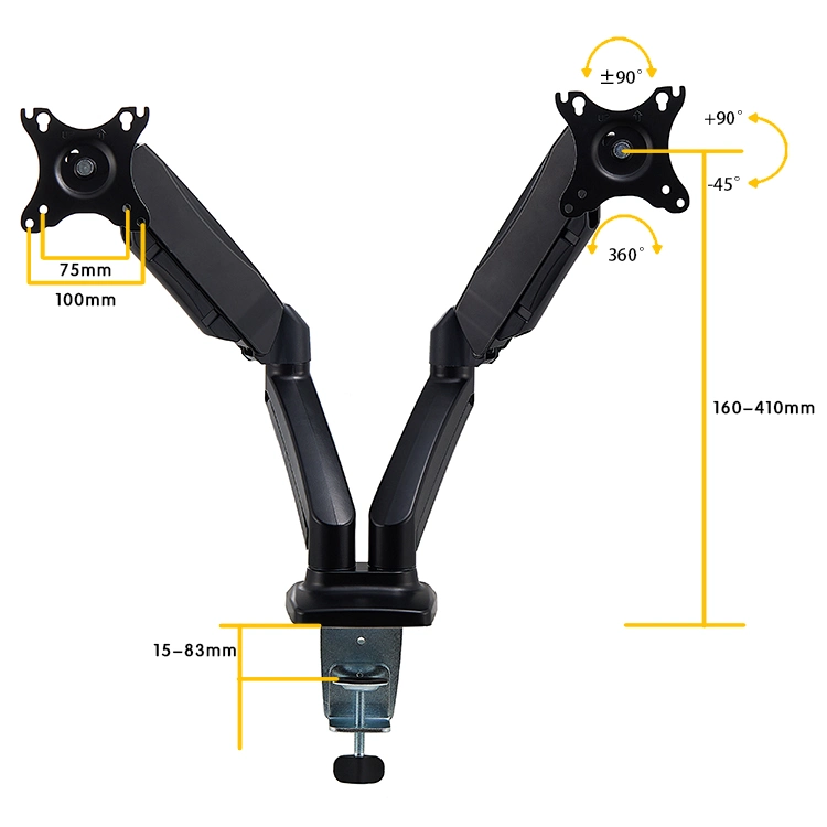 Supports de moniteur de bureau à bras à ressort à gaz en aluminium pour double écran