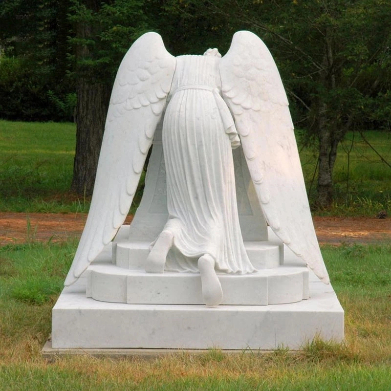 Decoração personalizada do cemitério chorando Angel Headstone White Marble Chying Angel Tombstone