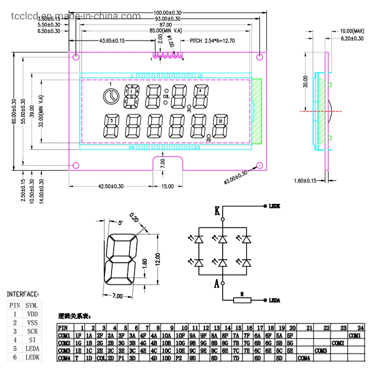 6 Stellen 4 Stellen Segment Code Bildschirm Uhr Rechner Stoppuhr Bildschirm VA Black Film LCD-Bildschirm Custom 3,5 Zoll-Display