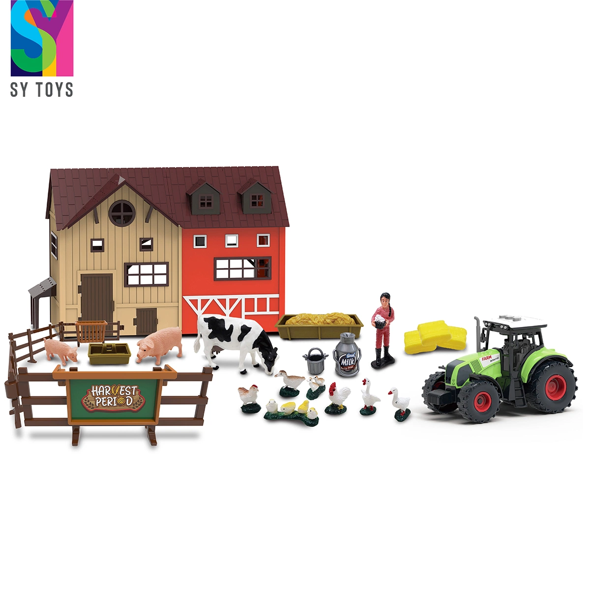 Sy Toys Pretend Play 101PCS DIY Plastic Small Animal Farm House Tractor Model Toys for Kids