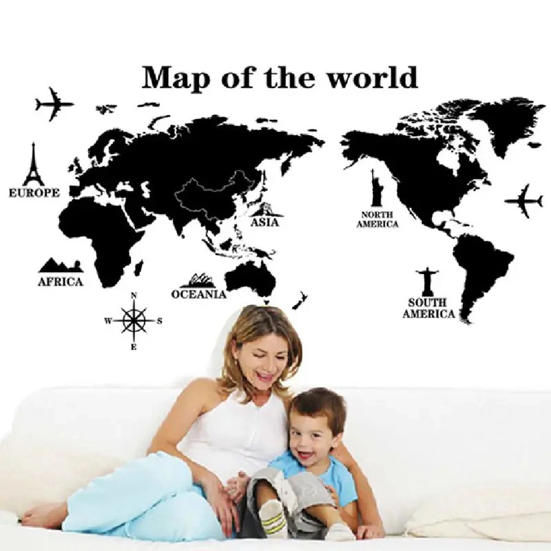 Home Decor adhesivo PVC Viajes Negro Mapa del Mundo Palas de pared