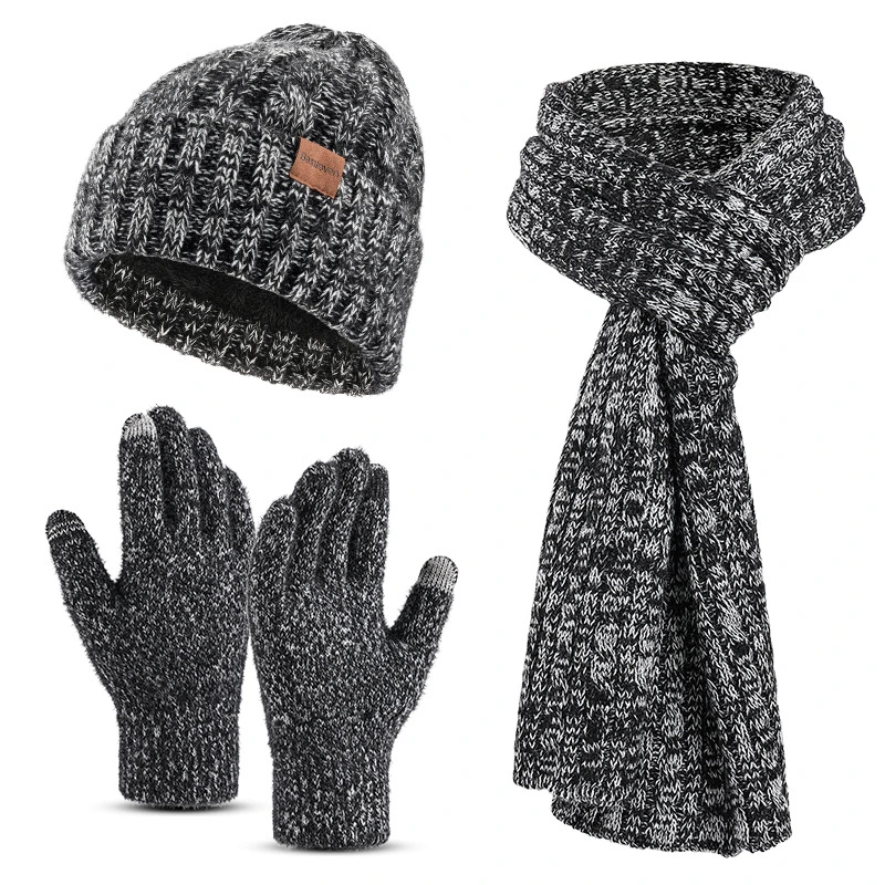 Winter warm Strickmütze Touchscreen Handschuhe lang Schal Set mit Fleece