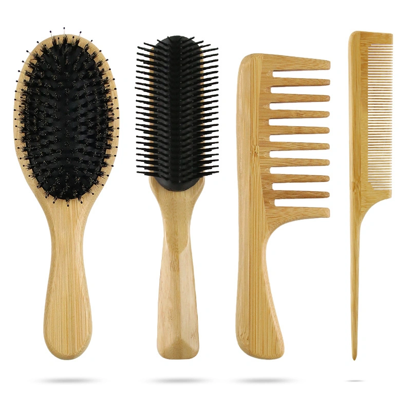 4 in 1 Custom Logo Packing Wide Tooth Comb and Brush Set Natural Bamboo Paddle Detangling Hair Brush Set