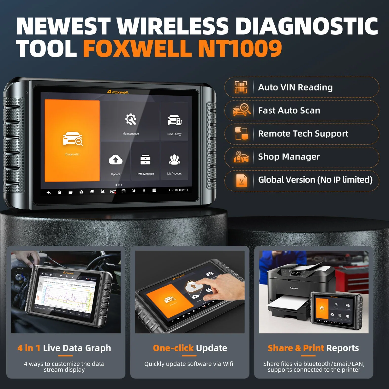 Foxwell NT1009 Alquiler de herramientas de diagnóstico OBD2 Todos los 34+ restablecer todas las marcas bidireccional libre de codificación de ECUS OBD 2 Escáner Automotriz