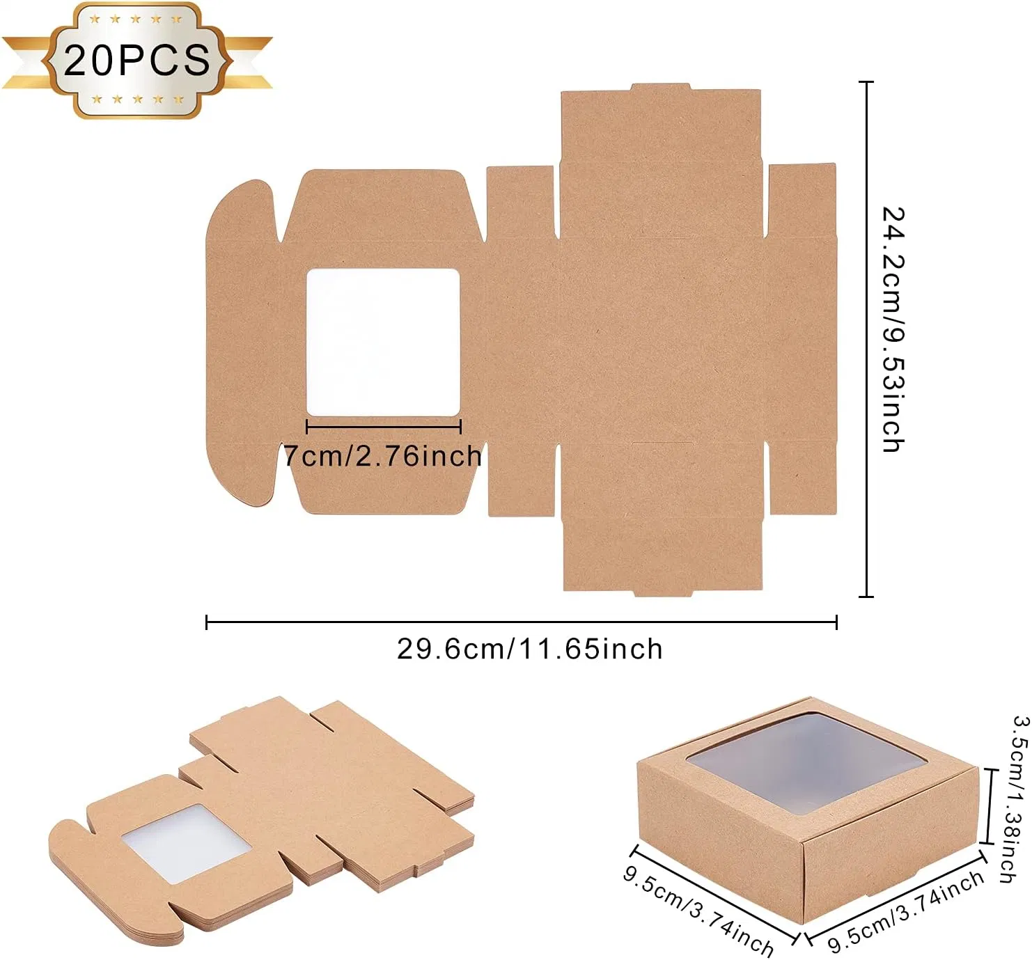 Square Brown Kraft Paper Boxes with Clear Windows for Party Favor Treats Jewelry Packaging