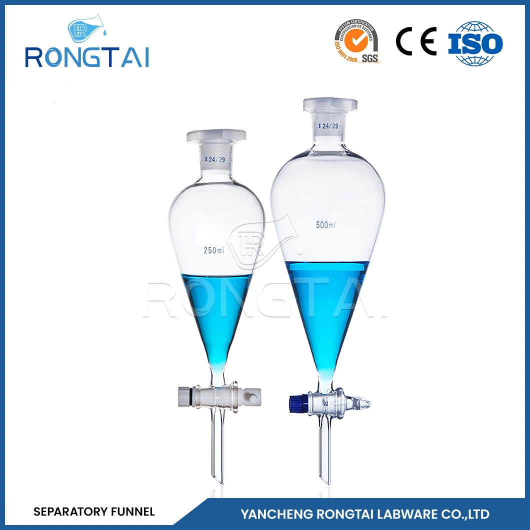 Rongtai Chemie Labor Ausrüstung Großhändler Labor Glassware China Birnenform Separationstrichter mit Tetrafluoro-Pist