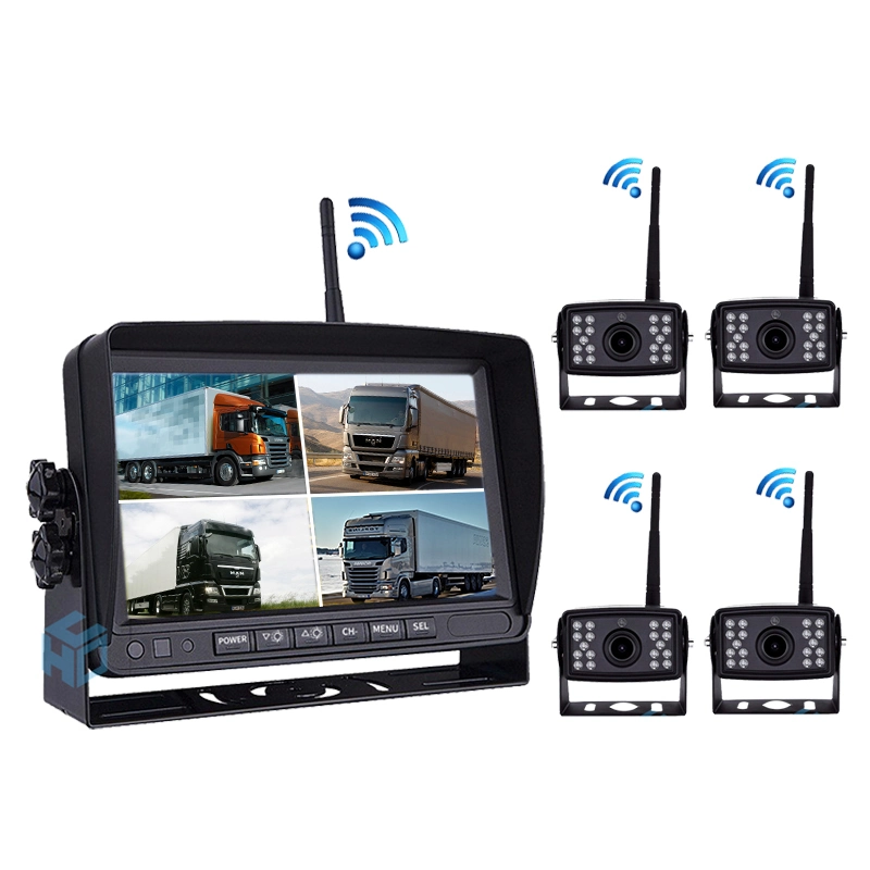 Gravador de vídeo com monitor dividido quádruplo de 4 canais para automóvel, marcha-atrás Câmara de visualização traseira para veículo camião