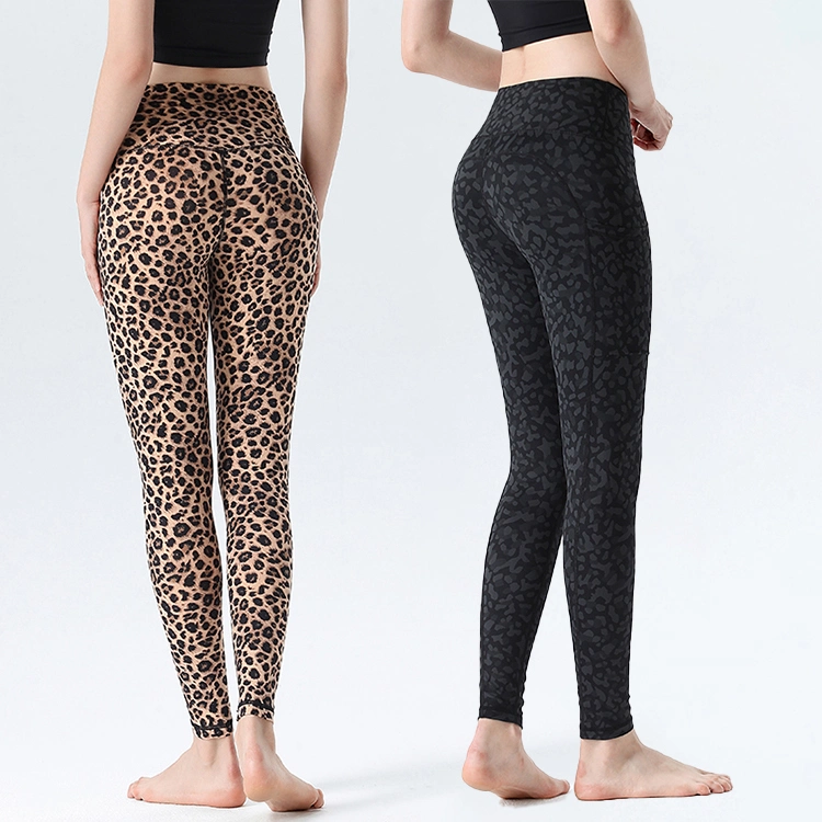 Leggings de yoga personalizados al por mayor bolsillo leopardo Deporte impreso Gimnasio de entrenamiento Pantalones ajustados a la piel