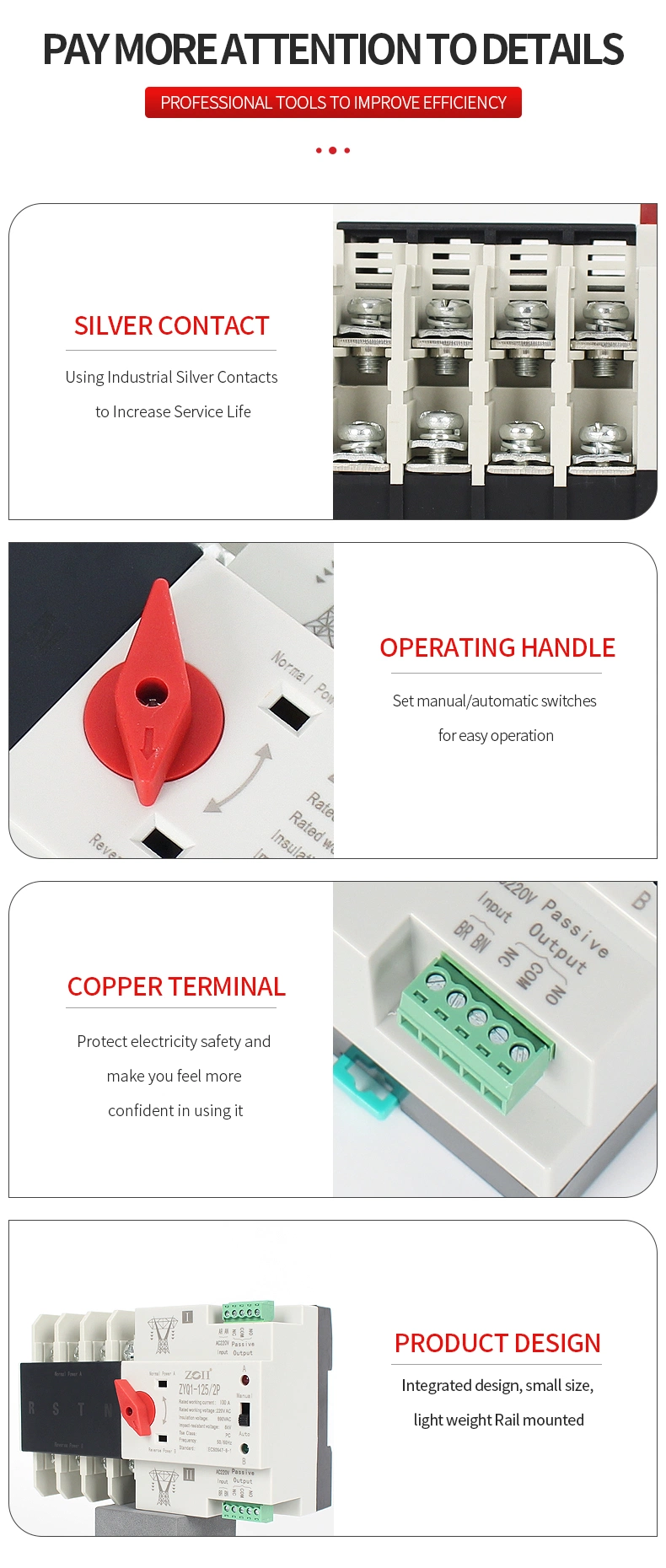 Automatic Changeover Switch Uninterruptible Dual Power 2p 3p 4p AC 220V 63A 100A 125A Transfer Switch ATS for Solar Inverter