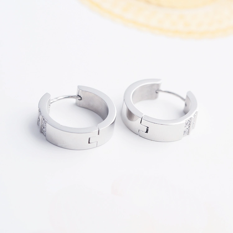 Men Fashion Stainless Steel Jewelry CZ Stone Hoop Earrings