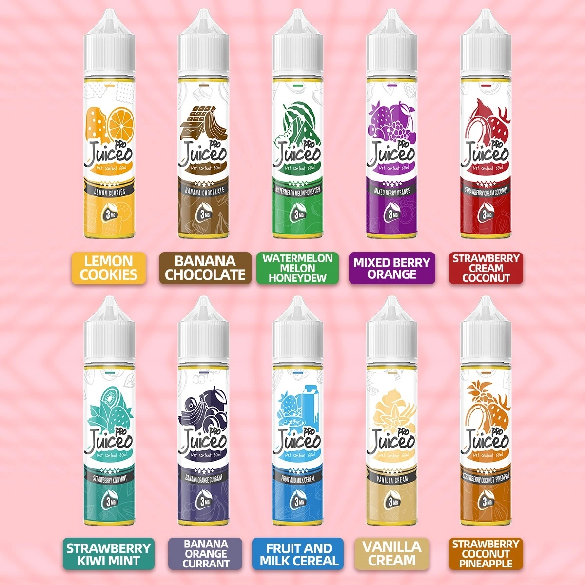 Juiceo PRO Strawberry Kiwi Mint Nicotine Salt E-Liquid, 7: 3, 3mg, 60ml, Fruit Flavored E-Juice Wholesale/Supplier Supplier, Available for OEM&ODM