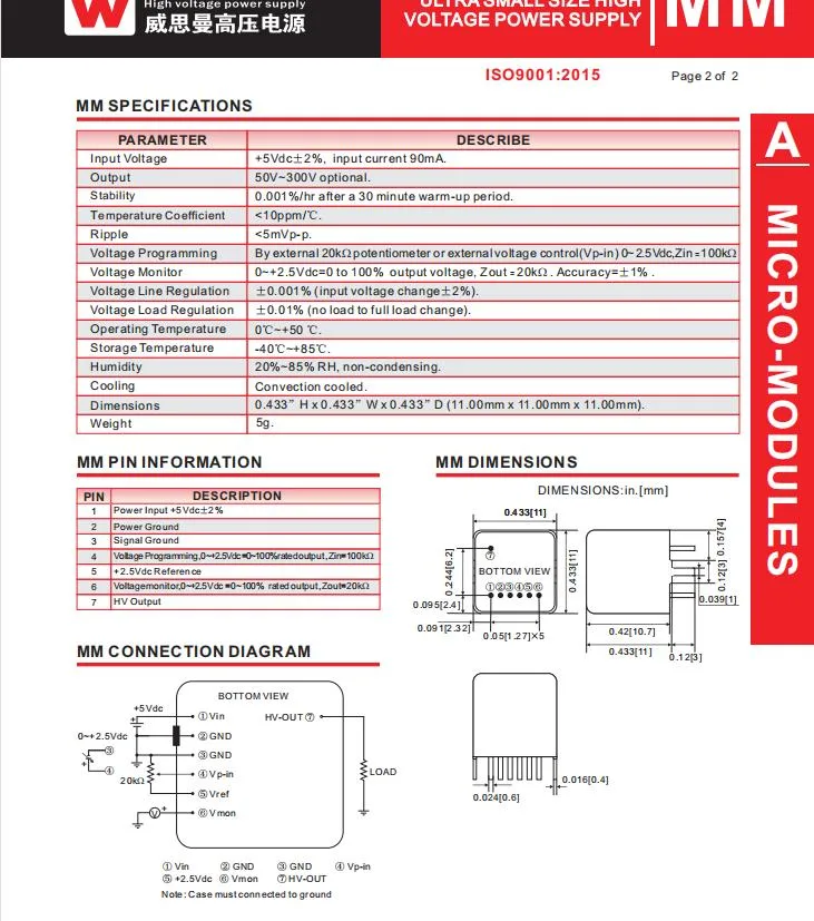 Fuente de alimentación de alta tensión DC 50V DE LA SERIE MM-300V 0.1W Micro-Modules