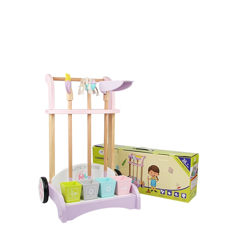 Pretend Wooden House Cleaning Tools Trolley for Kids