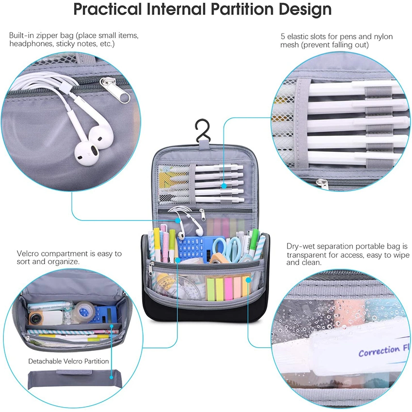 Big Capacity Pen Pencil Case Holder Bag Pen Organizer Pouch Stationery Box Oxford Cloth Dry-Wet Separation Portable Travel Hanging Pen Bag