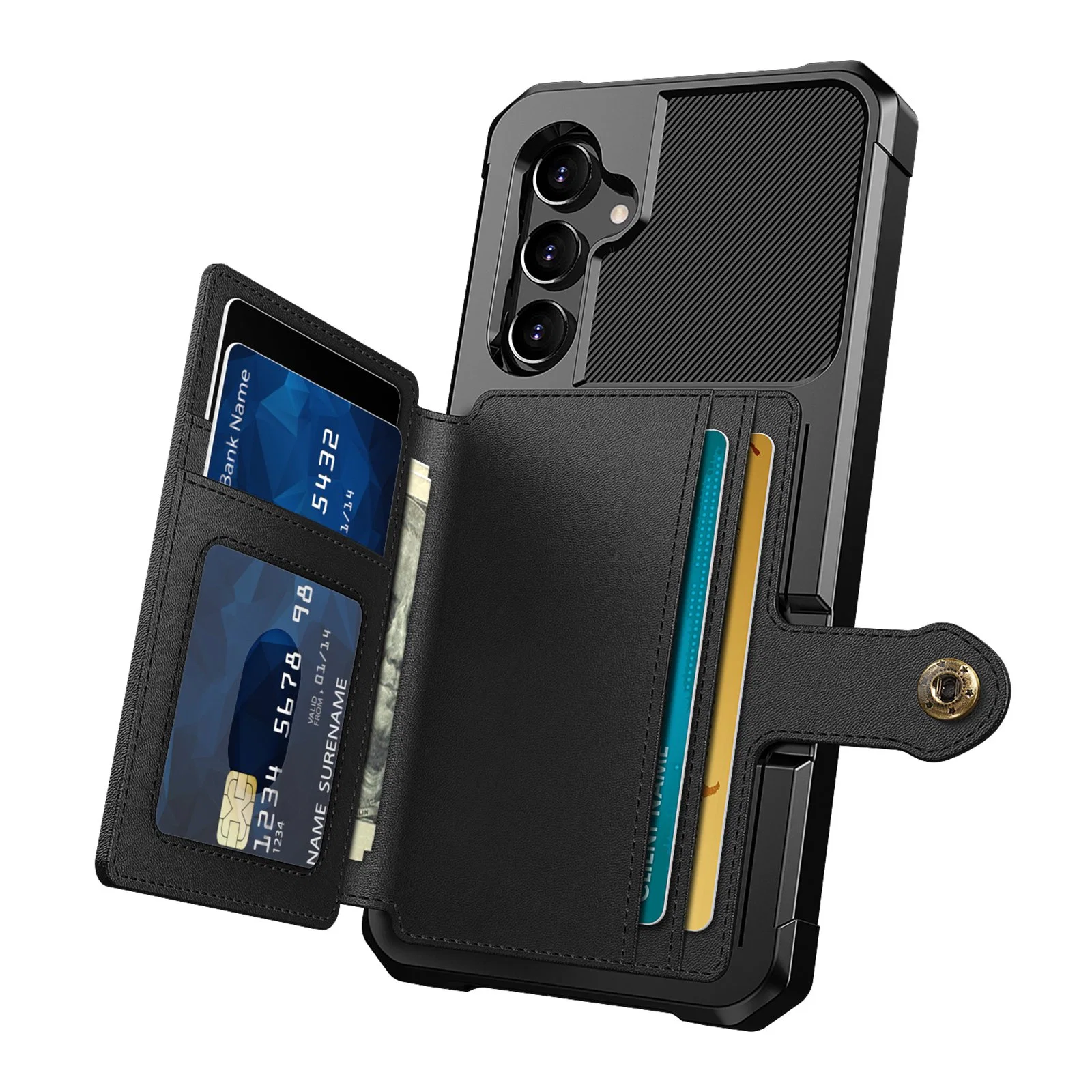 Zm03 for Samsung Galaxy A54 5g All-Round Shockproof PU Leather Coated TPU Case Card Holder Kickstand Phone Cover with Magnetic Metal Sheet - Black