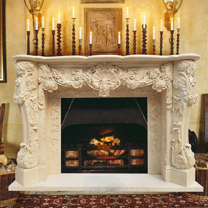 New Designs White Marble Fireplace Surround and Fireplace Mantels with Flower Carving