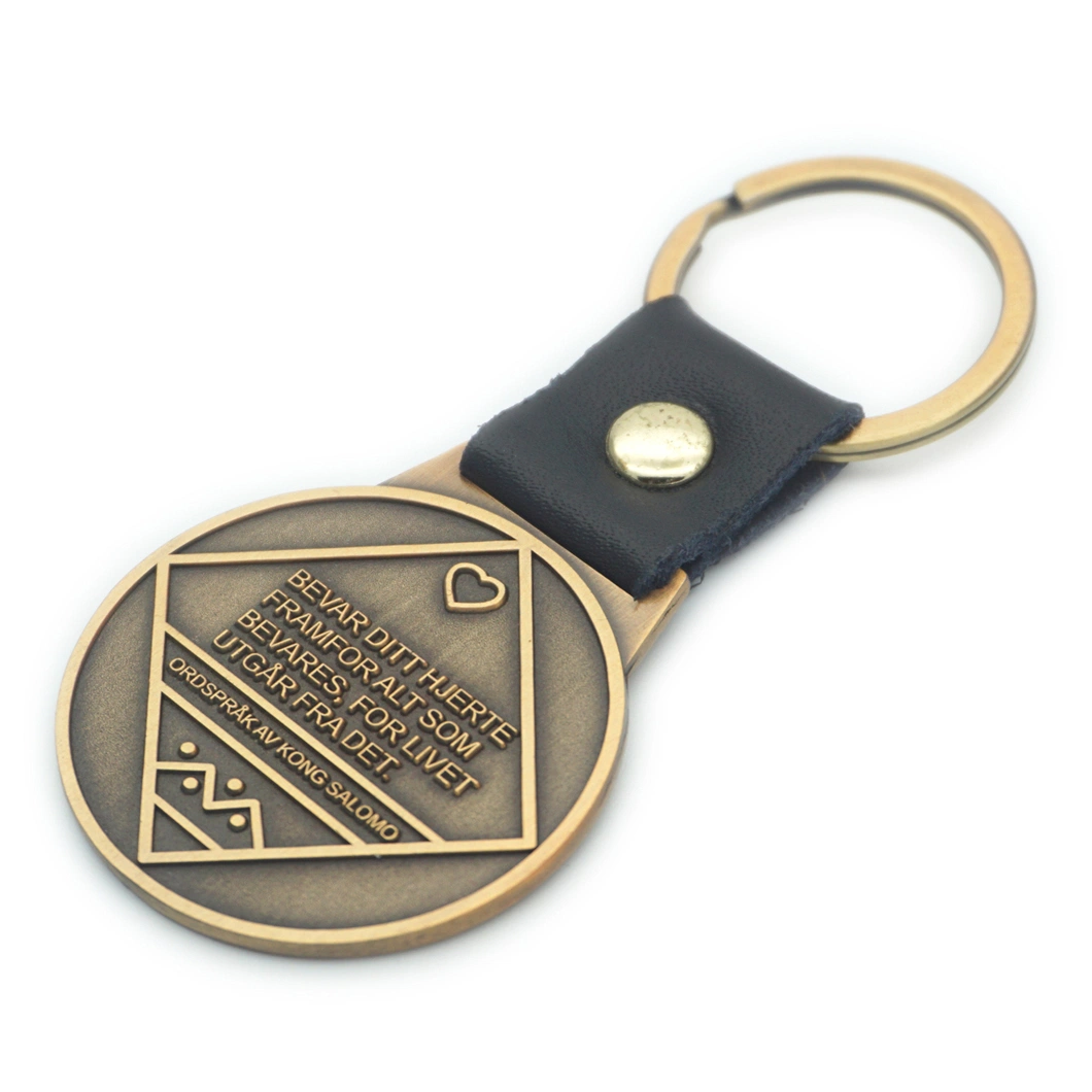Personalisierte religiöse Promotion Geschenk Souvenir Hand DIY Design Antik Farbe Schlüsselanhänger aus Metall im Retro-Stil mit Leder (FTKC2204)