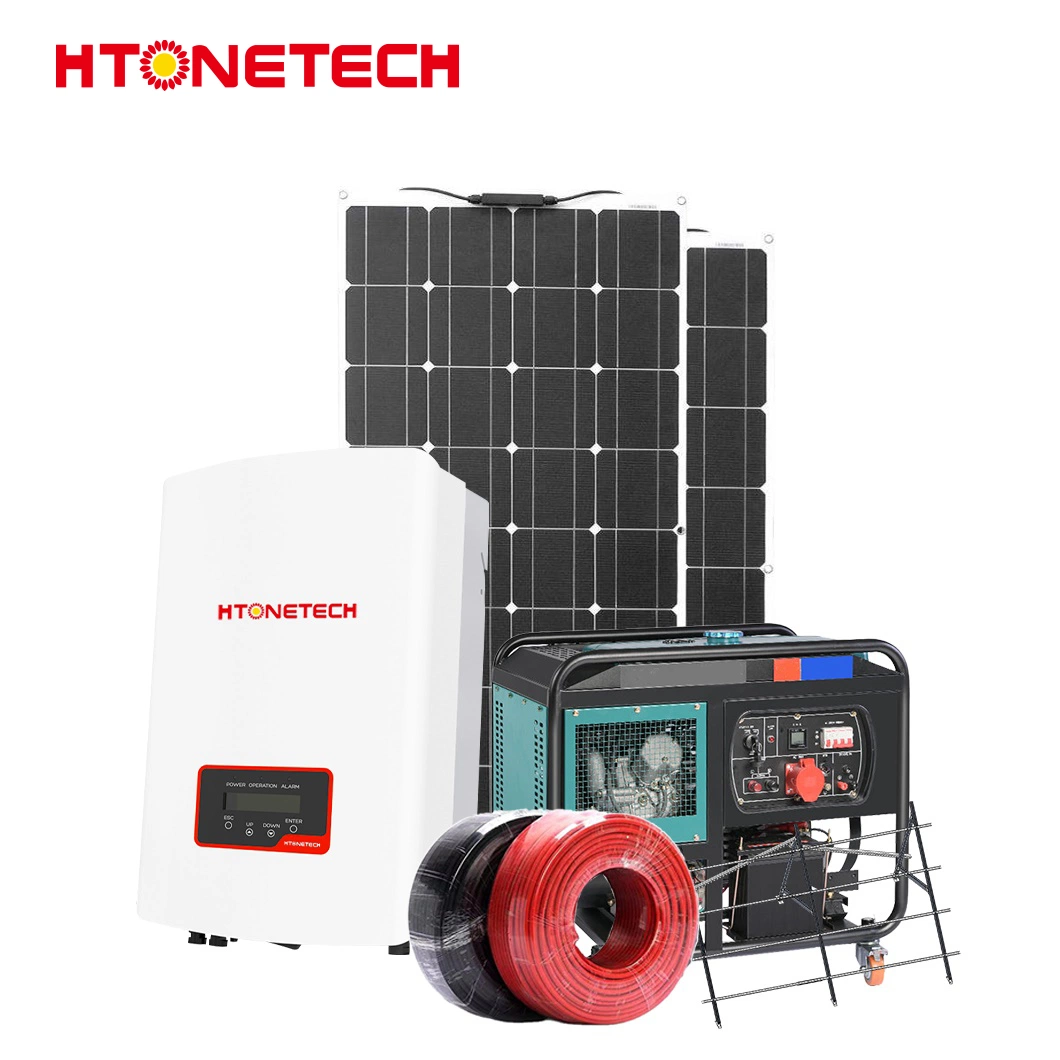 Htonetech 12V Monocrystalline Solar Panel Manufacturers Solar System 6kw Hybrid Inverter China 10000 Watts Solar Power System with 15 Kw 60Hz Diesel Generator