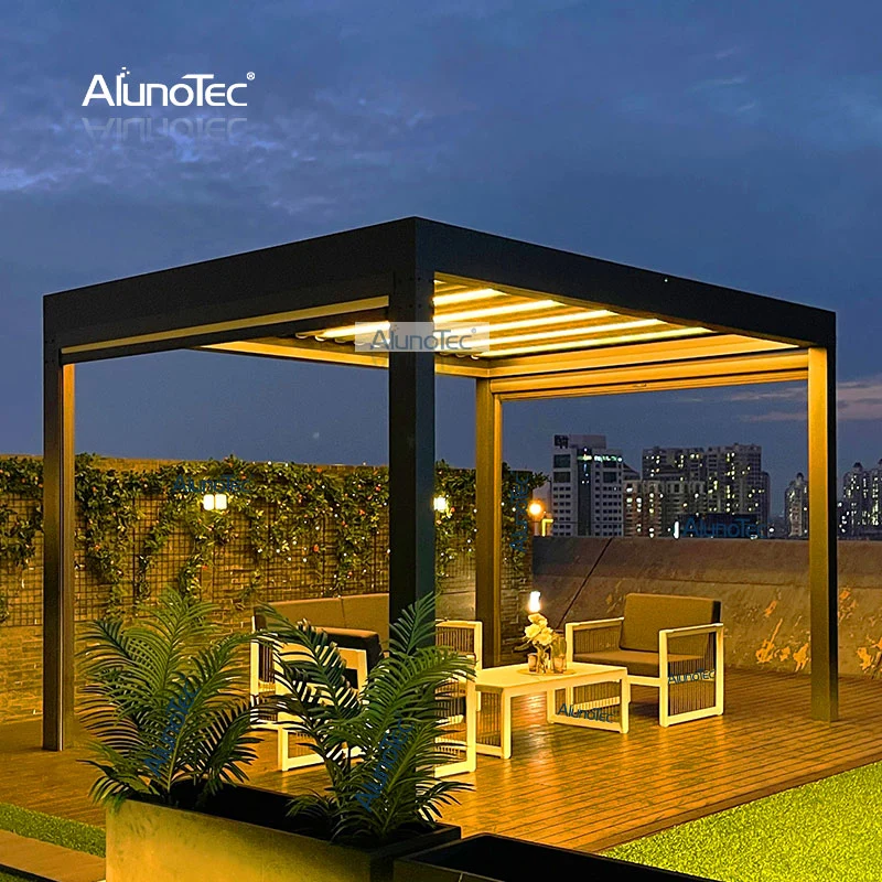 AlunoTec aluminio pergola pergola 4x4 Motorized Patio ajustable Gazebo absorber UV Struxure Canopies de playa al aire libre