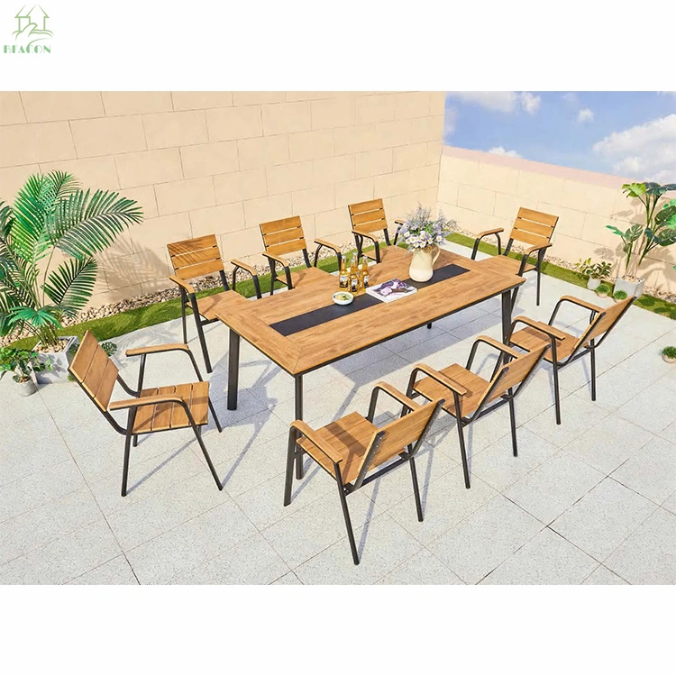 Freizeit Beliebte Outdoor Garten Patio Aluminium Rahmen Kunststoff Holzstühle Ess Möbel Set Außen Ess-Sets