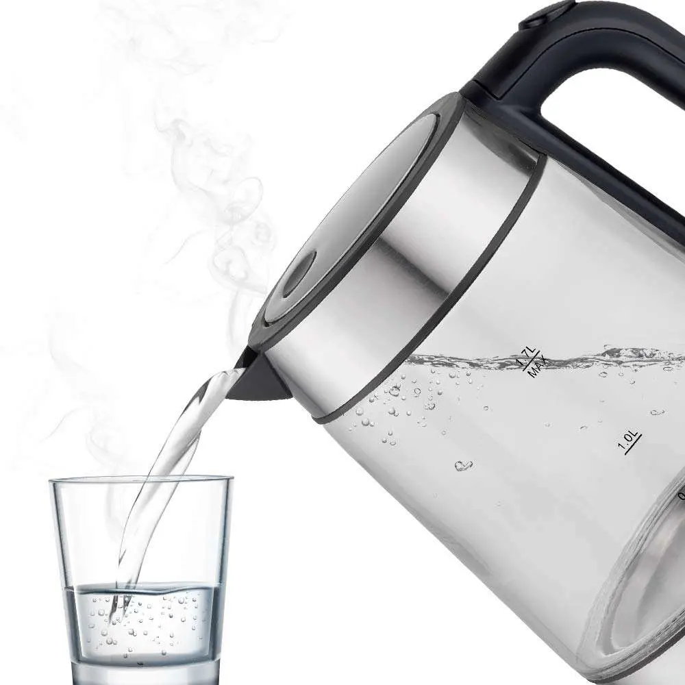 Multifunction Stainless Steel Open Lid Button 1.7 Litre Electric Hot Fast Glass Water Heater Kettle