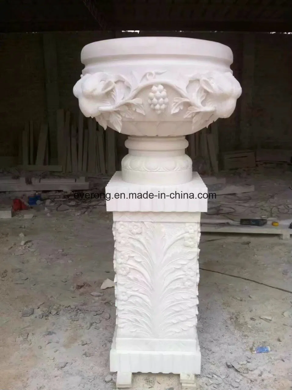 Stand Large Stone Marble Flower Pot Carving with Column Pillar Design for Outdoor Garden Deorative