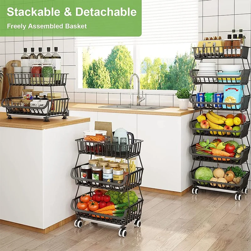 Large Capacity 5 Layers Movable Rotating Kitchen Trolley Carts Vegetable Display Shelves Storage Rack Kitchen Storage