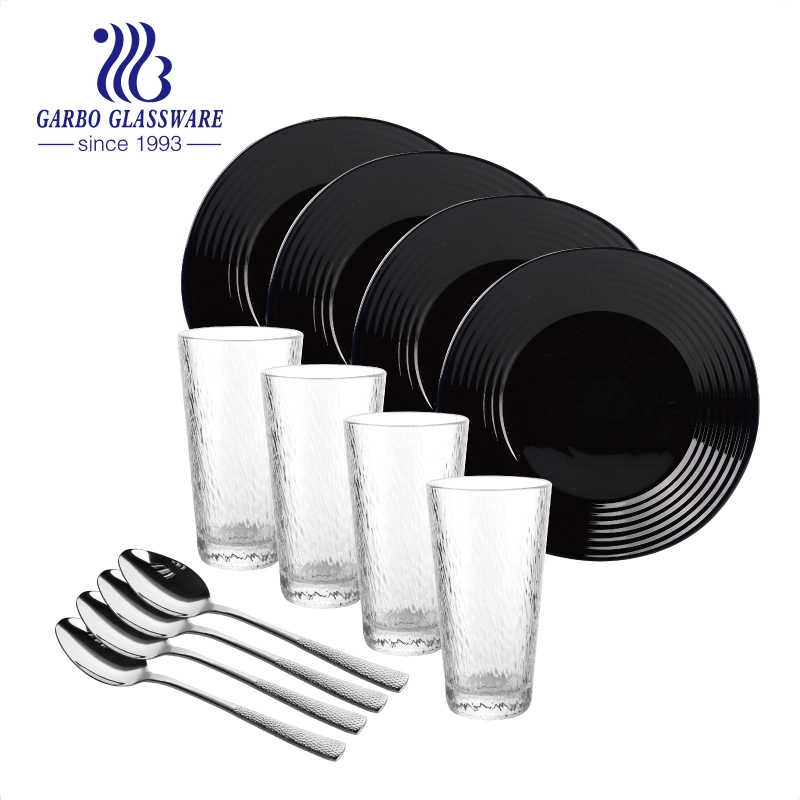 Neuer Design Opal Teller Wasser Glas Tasse Godlen Dinner Löffel Geschirr Set mit Decal Glassware Set