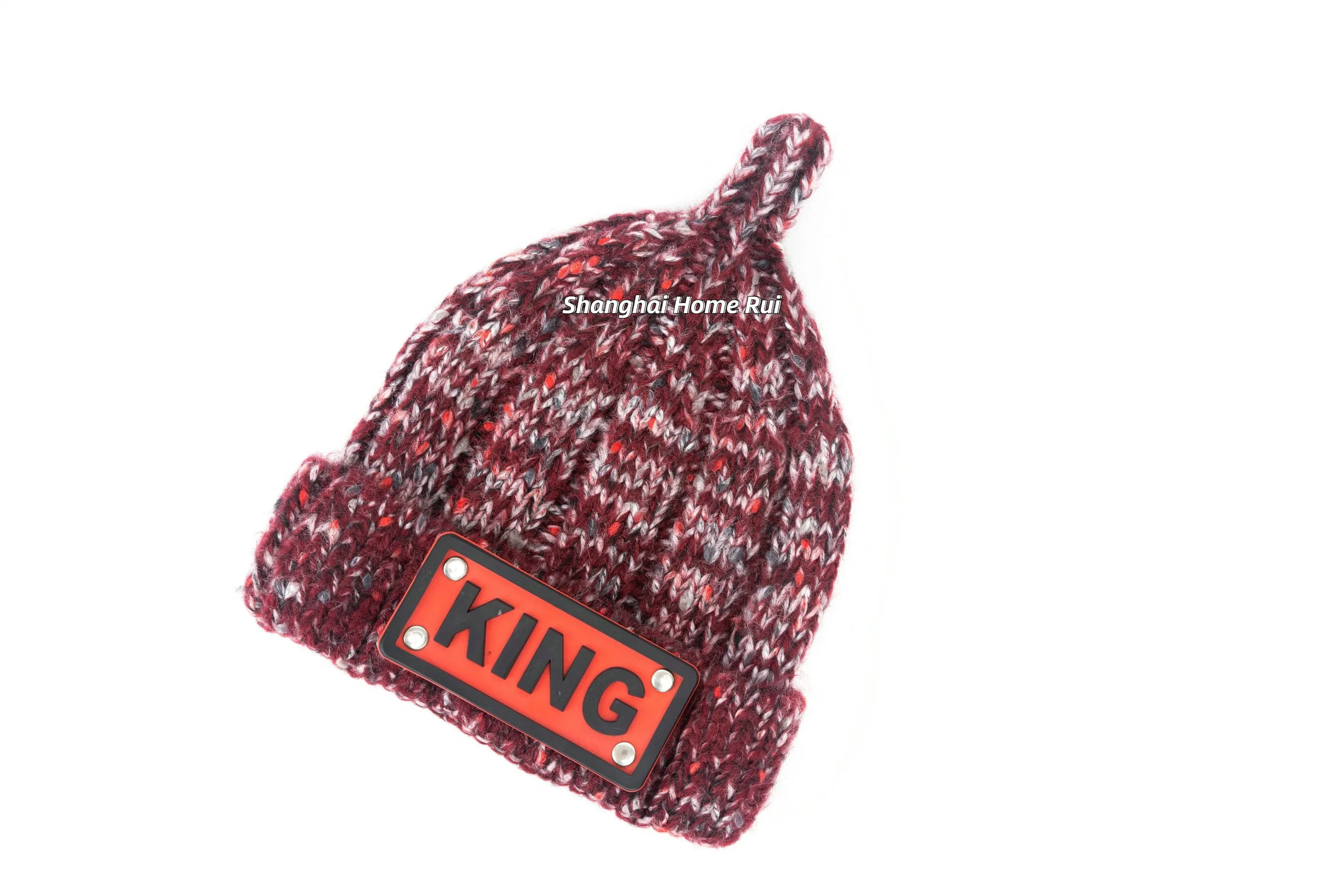 Kids Boy Children Warm Soft Slouchy Wine Fold Edge Rubber Logo Metal Badge Deco Knitted Thick Rib Bonnet Casual Hat Beanie