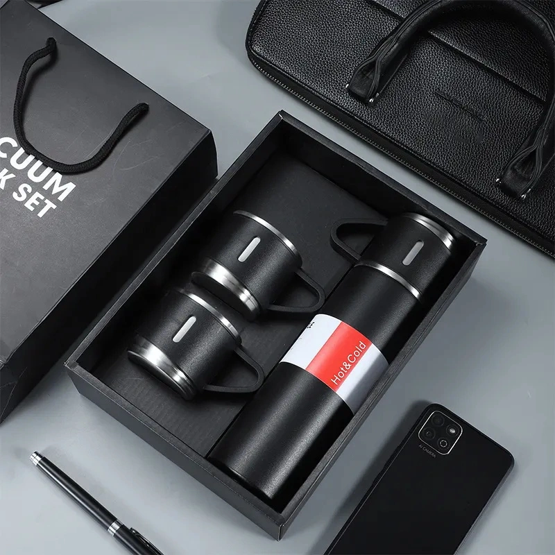 Custom Logo Business Double Wall Insulated Metal Water Bottle Cups with 3 Lids Stainless Steel Thermos Vacuum Flask Gift Set
