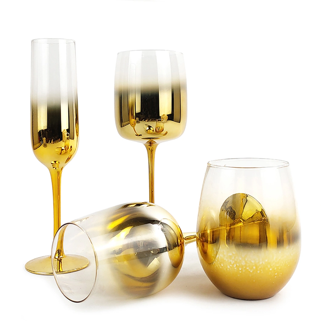 Hot Sale Hand Made Soda Lime Luxury Reusable Wine Glassware Set with Gradient Gold Color Electroplating