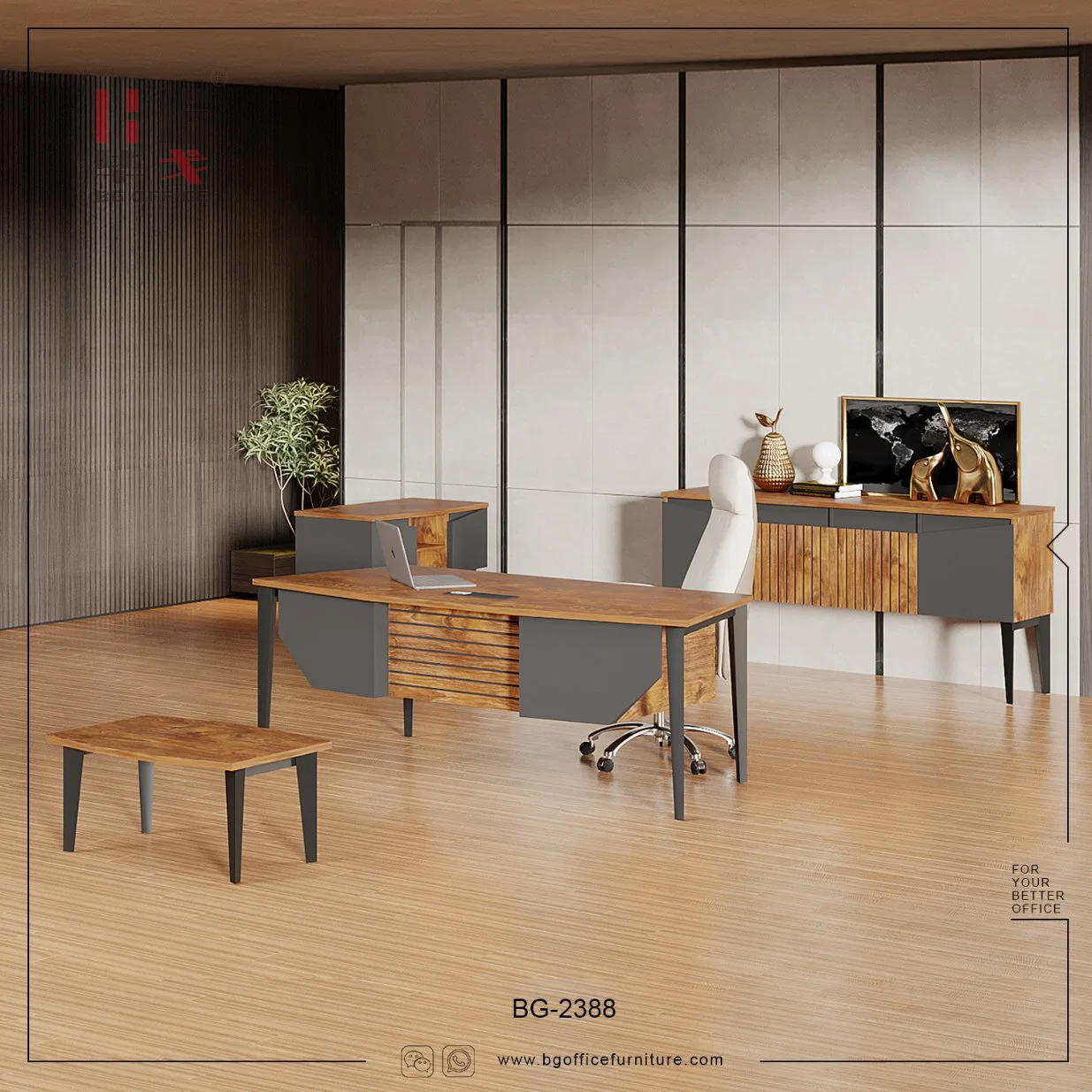 Modern Metal Iron Desk Wooden Manager Office Table Commercial Furniture with Bookshelf