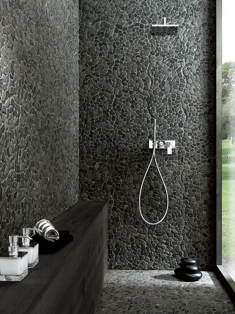 Pierre naturelle mosaïque noir tranché Pierre de galet sol de salle de bains et Mur pour carreaux décoratifs