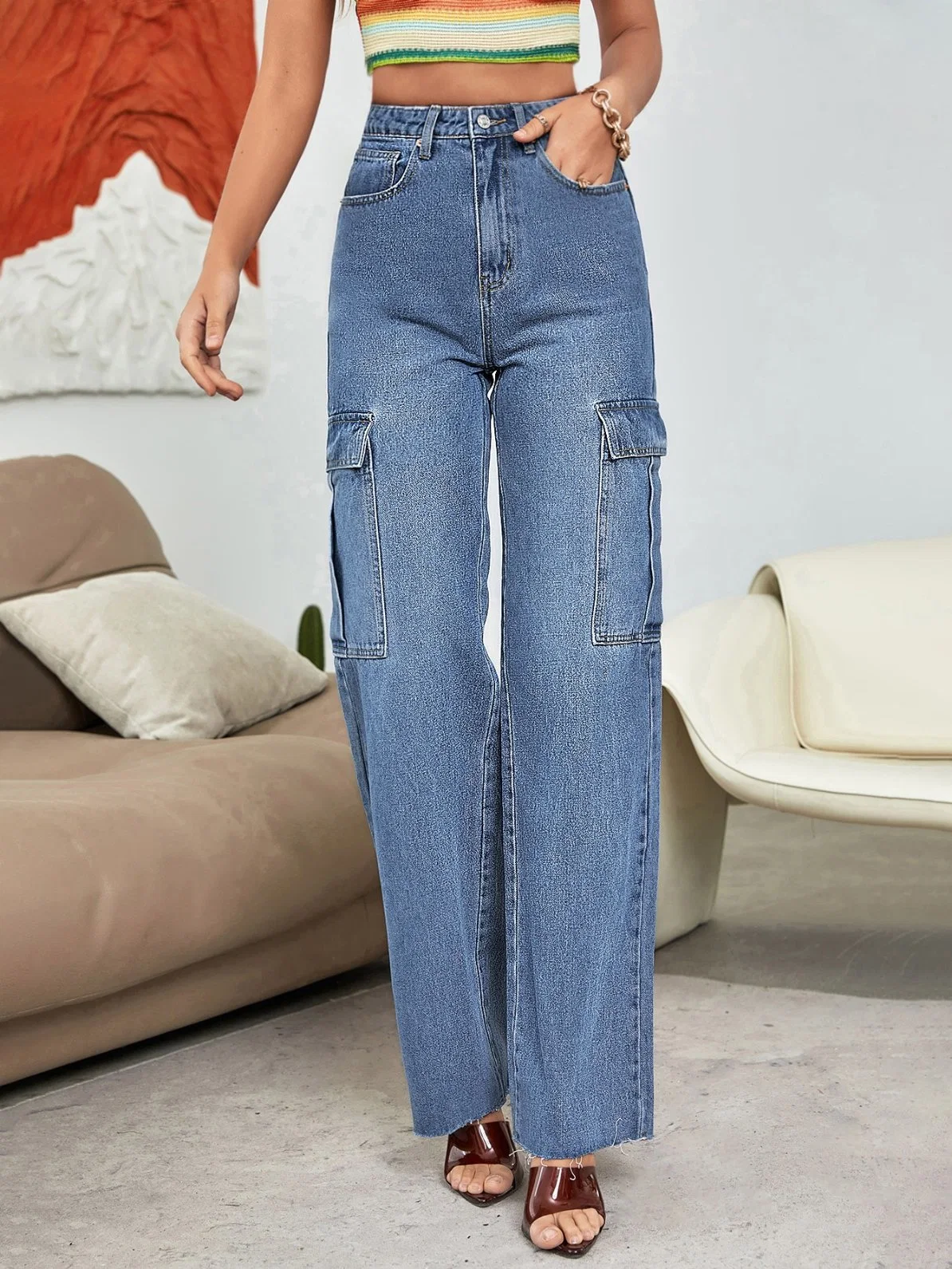 Новая торговая марка моды джинсы дизайн High-Waisted боковой карман для опрокидывания потертых джинсах прямой ногой кромки