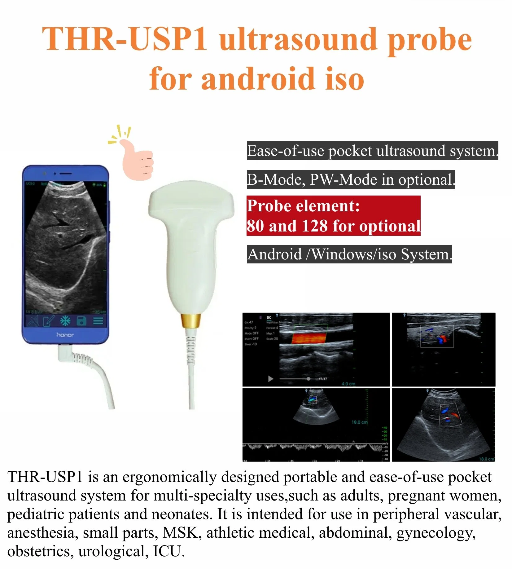 Ordinateur de poche éléments 80/128 sonde convexe de la machine à ultrasons sans fil (thr-USP1)