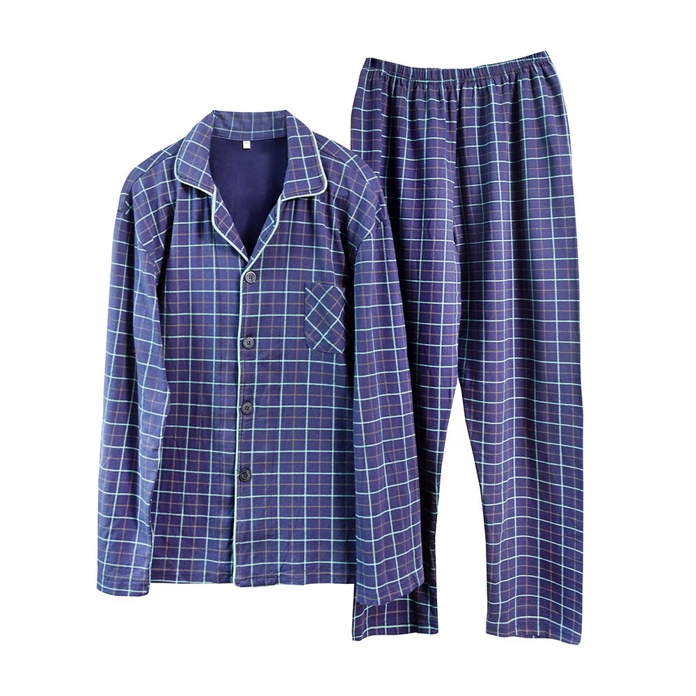 Pijama de manga larga de algodón con diseño de cuadros para hombre con dos piezas de ropa de cama Collares pijama ropa de dormir para hombre