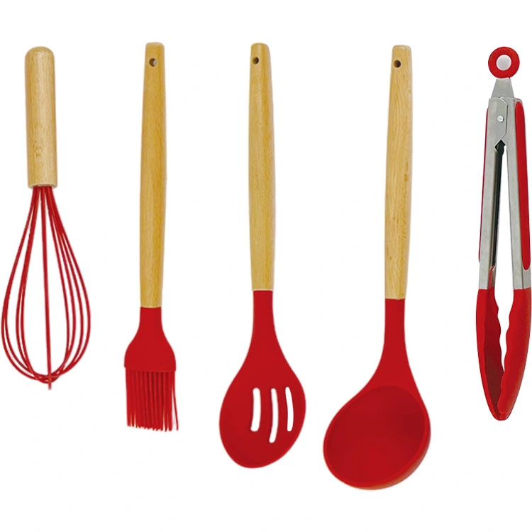 Hot Sale bonito Non tóxico Food Grade Cabo de Madeira Cozinha Utensílios Ferramentas Gadgets conjunto de utensílios de cozinha em silicone conjunto de utensílios de cozinha