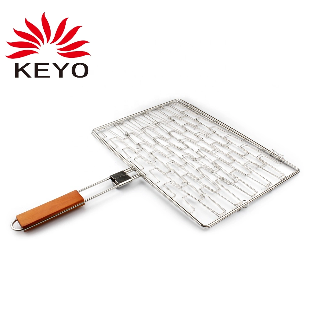 Keyo Folding Portable Stainless Steel Fish Vegetables Shrimp Wire Mesh Stainless Steel Baking BBQ Grill Basket