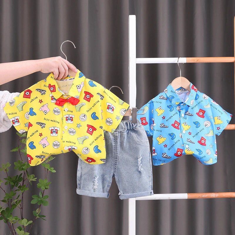 Korean Version Children's Westernized Full Print Baseball Shirt Short Sleeved Two-Piece Set