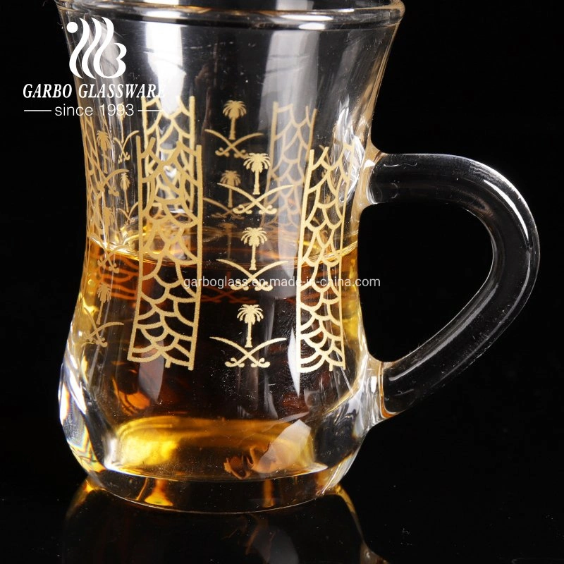 Taça de café turco Cawa de vidro cristal Garbo de 80 ml, Saudi Canecas de chá árabe com pega e adesivo Real Gold