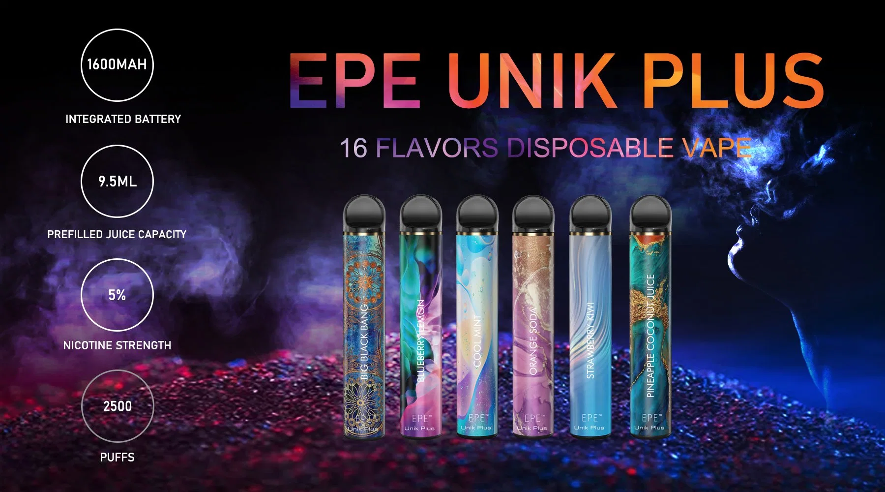 Muestra gratuita E-Cig Vape 2500bocanadas 0%2%5% EPE Unik Plus personalizado desechables Vape