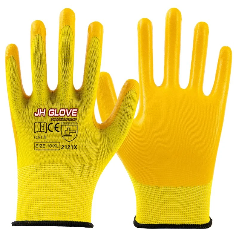 13G de poliéster de color amarillo amarillo Guantes de nitrilo Guantes de trabajo y seguridad