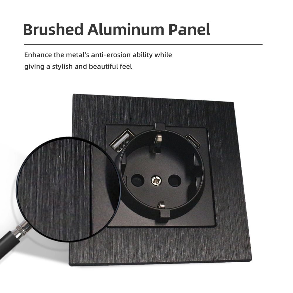 Elegant Design Aluminum Wall Plate Black Gold Grey Color EU Standard German Schuko Wall Socket with Type a Type C USB Chargers