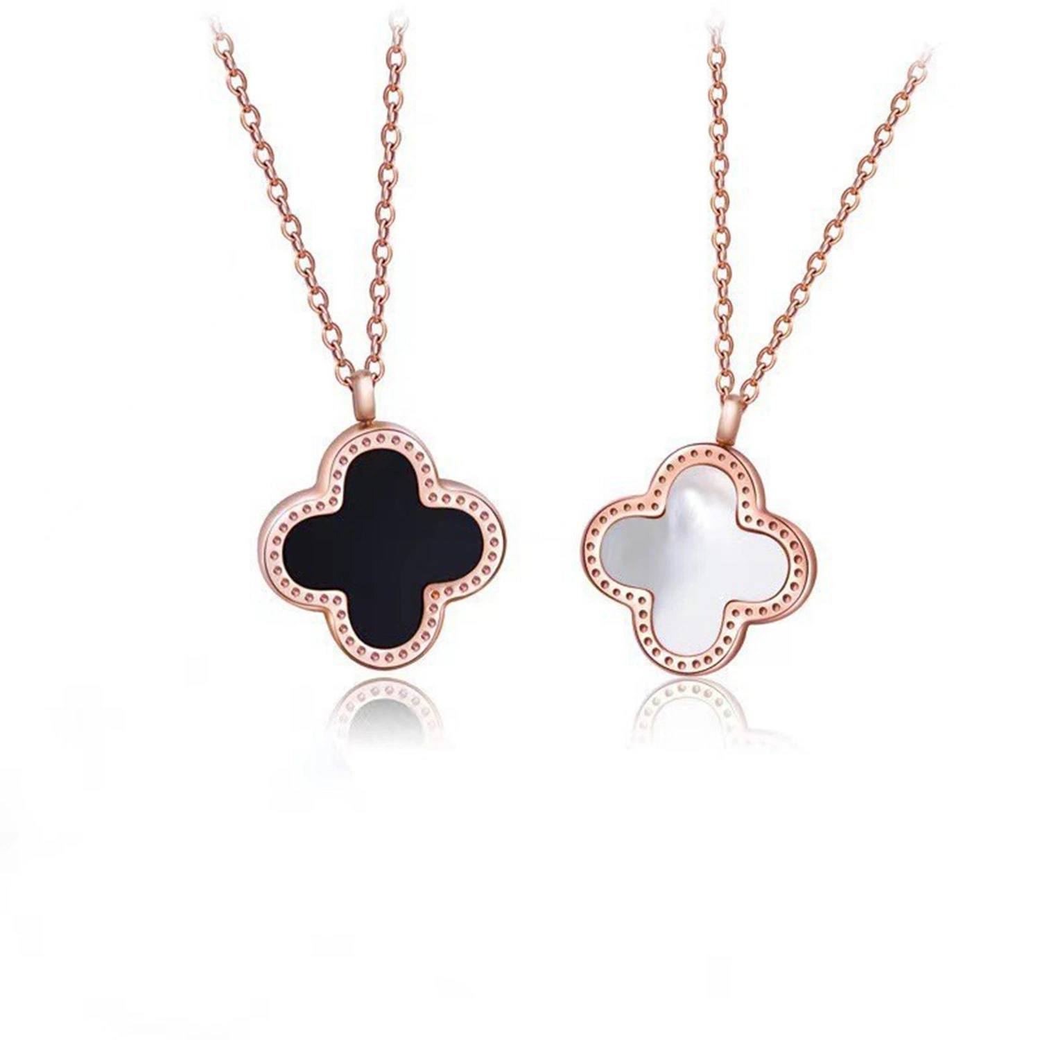 Factory Direct Sales of Black and White Double-Sided Clover Necklace Gold Rose Color Non Fading Light Luxury Niche Necklace Nk0028b