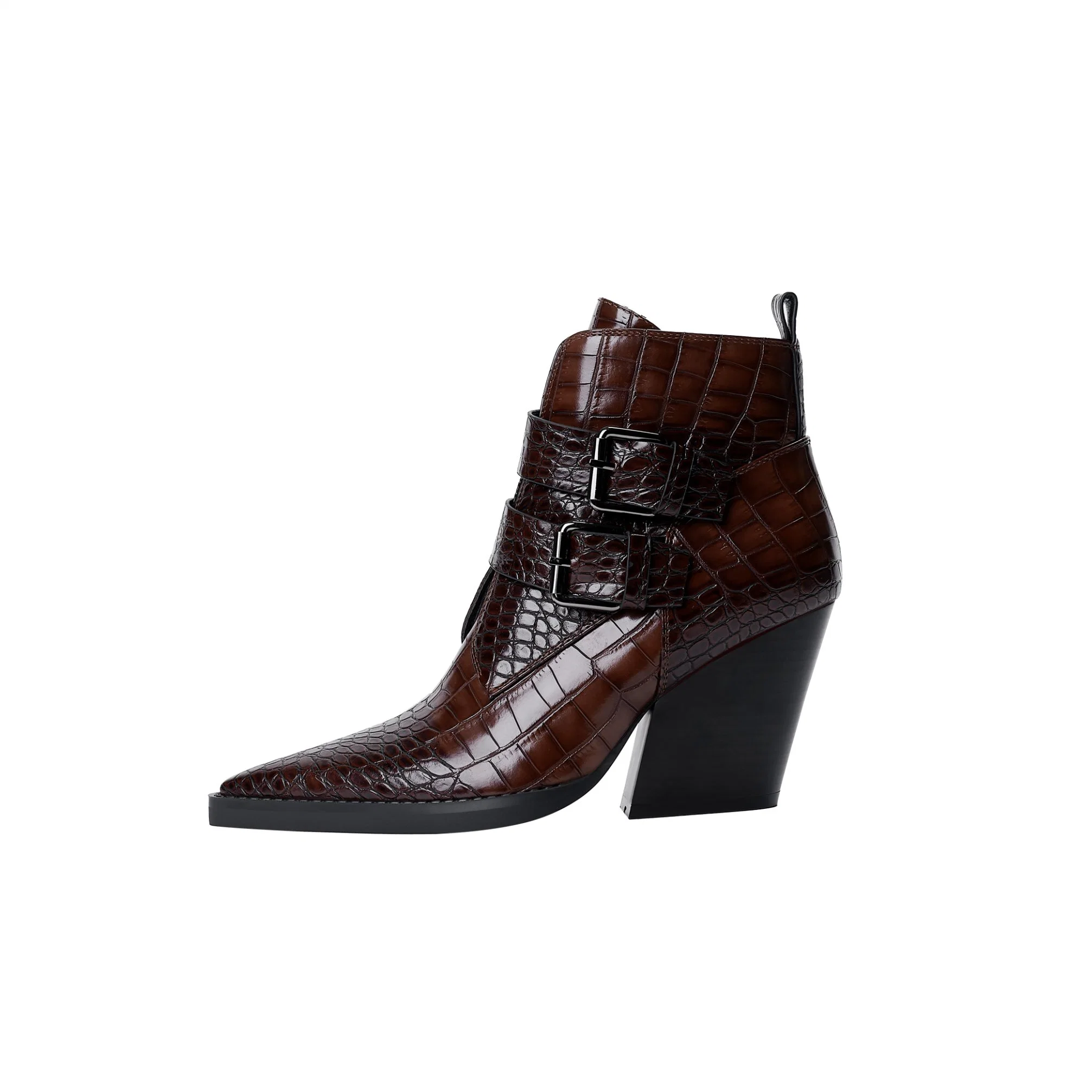 Pointed Toe Burgundy Croco PU Lady Boots Buckled Strap Blocked High Heel Women Ankle Boots