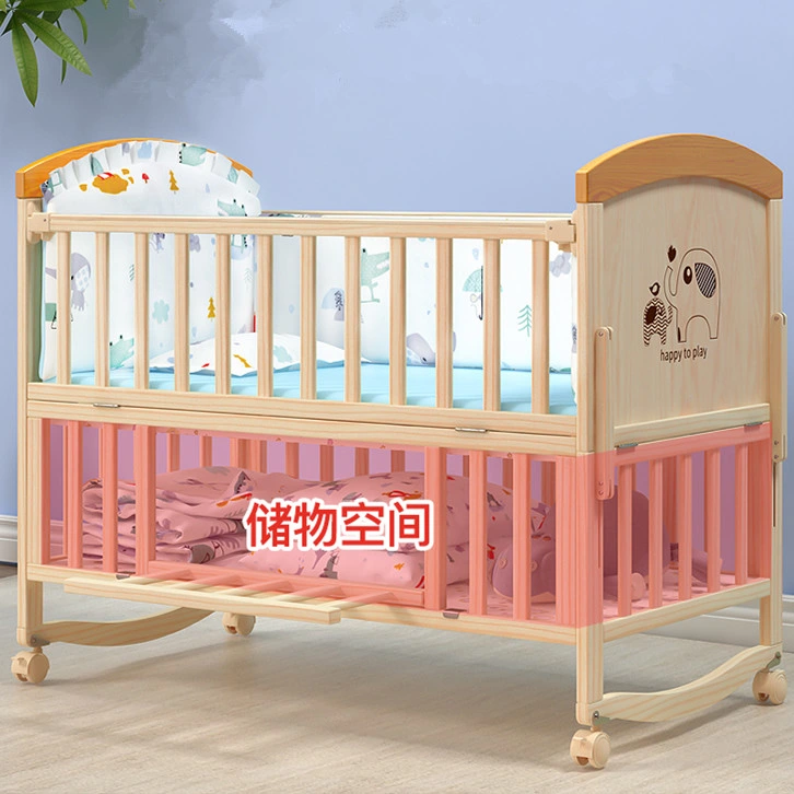 Pine Solid Wood Children's Crib Solid Wood Baby Furniture Cradle Baby Cot with Netting