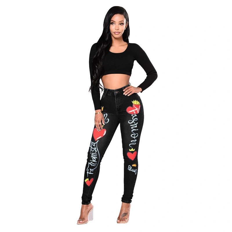 Hot Summer Women's Fashion All Match Tight Love Printed Jeans Female (CFJPFM-034)