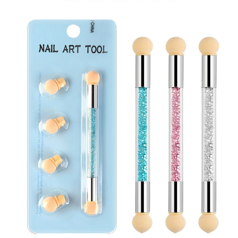 Hot Sale Double Head Sponge Nail Brush Picking Dotting Gradient Pen Brush Rhinestone Nail Art Tools with 4 Replacement Heads