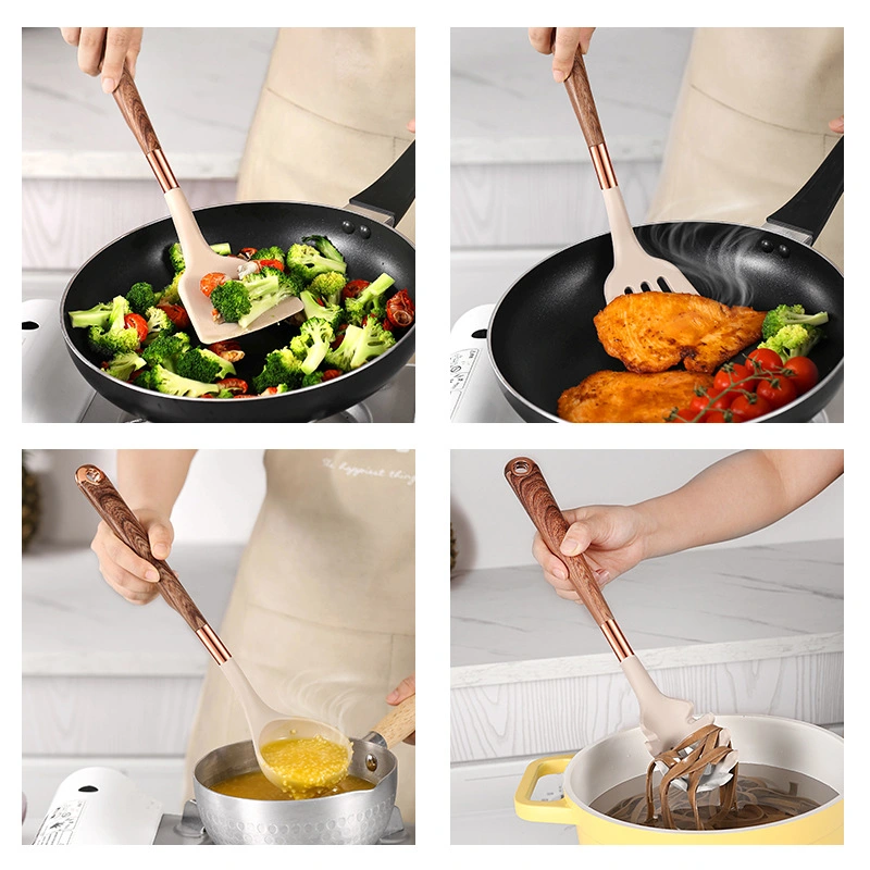 Manche en bois silicone ustensiles de cuisine Outils de cuisson ustensiles de cuisine ensemble d'ustensiles de cuisine Avec boîte de rangement