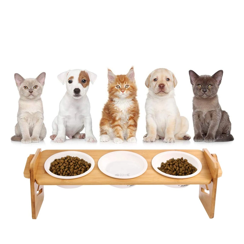 Adjustable Height Pet Accessories Elevated Pet Feeder with Bamboo Stand